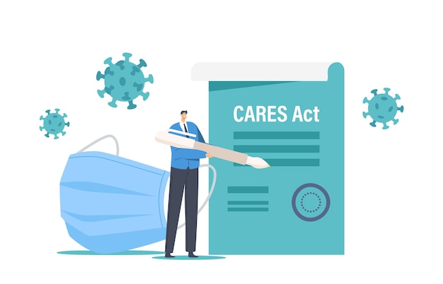 PPP, Paycheck Protection Program. Tiny Business Character with Huge Quill Pen Signing Cares Act for Loan Forgiveness. Government Support, Compensation during Coronavirus. Cartoon Vector Illustration