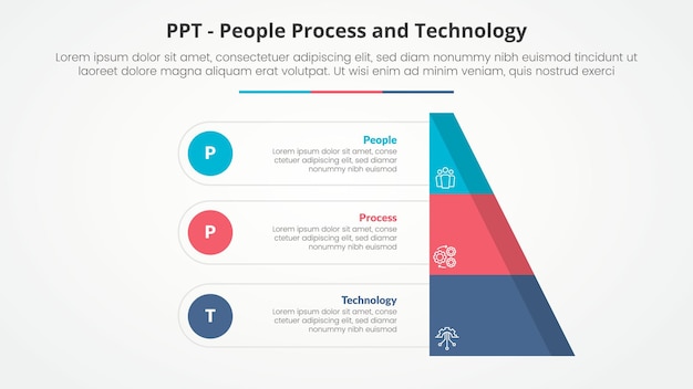 PPT framework infographic concept for slide presentation with half slice pyramid with circle point with 3 point list with flat style