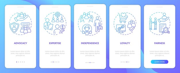 Pr code of ethics blue gradient onboarding mobile app screen