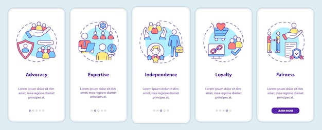 Codice etico pr onboarding schermata dell'app mobile procedura dettagliata sui principi 5 passaggi istruzioni grafiche pagine con concetti lineari ui ux gui template myriad probold font regolari utilizzati