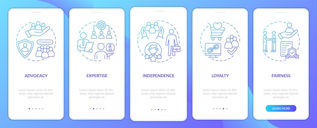 PR ethische code blauwe gradiënt onboarding mobiele app scherm