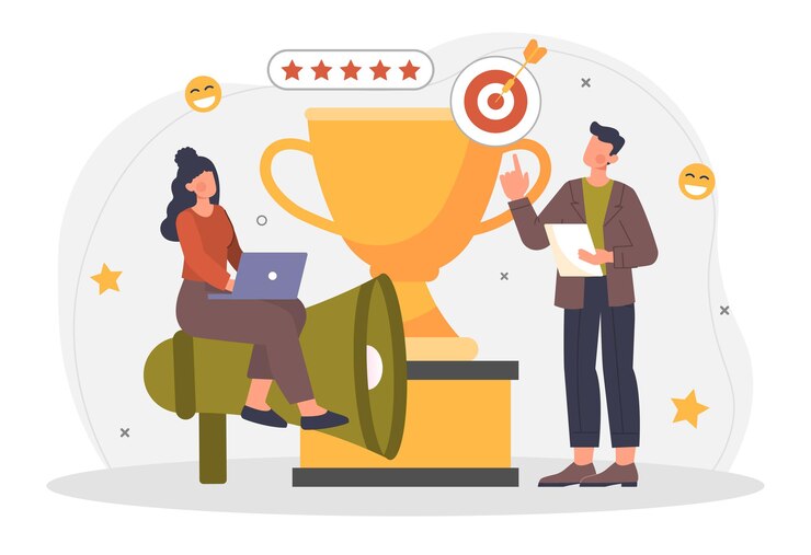 Vector pr management concept man and girl thinking about image of famous person employees flaunt
