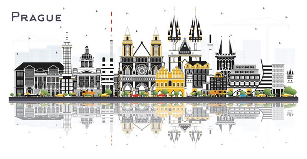Vector praagse skyline met kleurgebouwen en reflecties geïsoleerd op witte vectorillustratie reizen en toerisme concept met historische architectuur praagse stadsbeeld met bezienswaardigheden