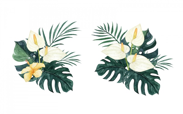 Vector prachtig aquarel tropisch bloemen arrangement met calla lelie, monstera, palmbladeren en hibiscus