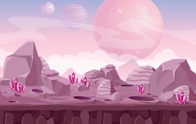 Prachtig buitenaards landschap, ruimte achtergrond in roze kleuren voor game-design.