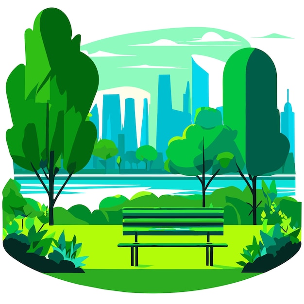 Vector prachtig groen park bij het meer met een bank omringd door bomen vector illustratie
