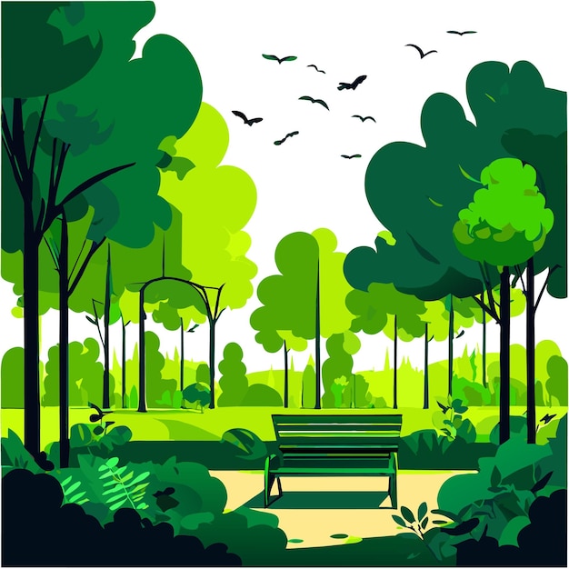 prachtig groen park bij het meer met een bank omringd door bomen vector illustratie