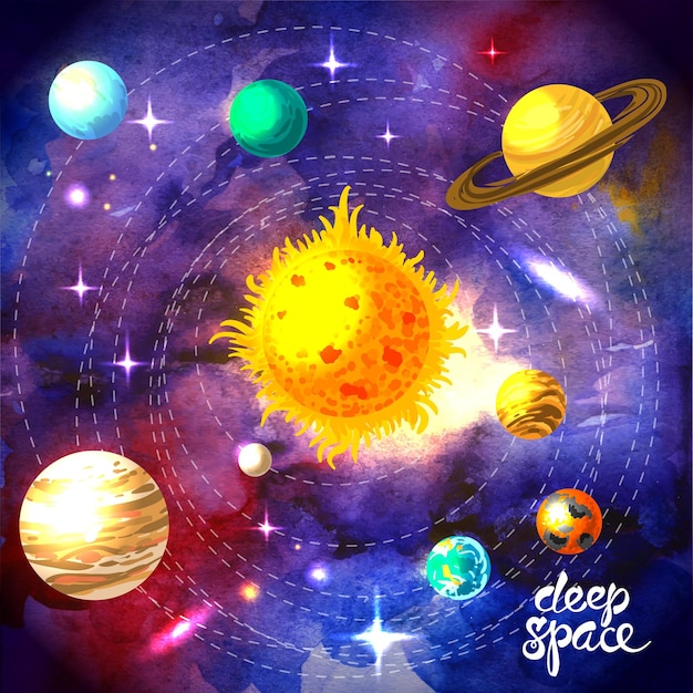 Prachtig handgetekende aquarel zonnestelsel voor uw ontwerp