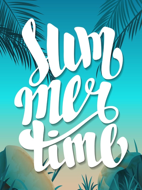 Vector prachtig landschap met tekst zomertijd zomertijd belettering heldere kleurrijke achtergrond