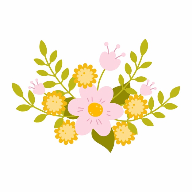 Prachtig lentetakje met bloemen Ansichtkaart decorelement Internationale Vrouwendag Mooie sticker Kamille en paardebloem Roze madeliefje