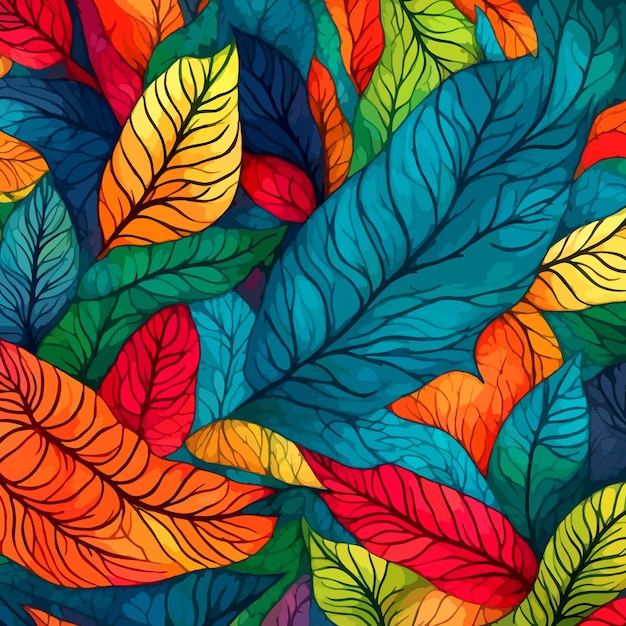 Prachtig met de hand getekend patroon van abstracte bladeren in regenboogkleuren