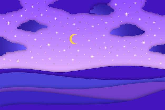 Prachtig nachtlandschap met een sterrenhemel in papierstijl