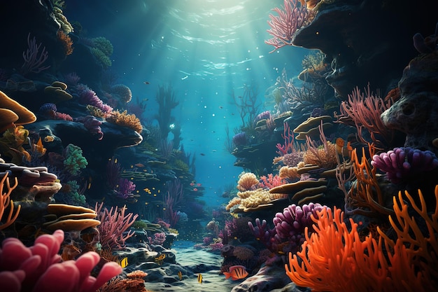 Prachtig onderwater koraalrif landschap blauwe oceaan 3D illustratie