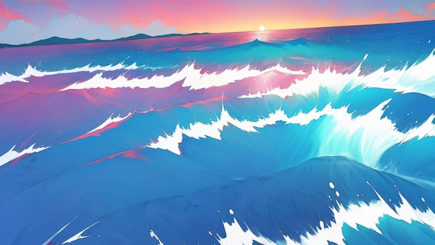 Prachtig zeegebied of zeegebied bij zonsondergang of dageraad met de hand getekende schilderij