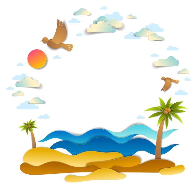 Vector prachtig zeegezicht met golven van de zee, strand en palmen, vogels wolken en zon aan de hemel, frame achtergrond met kopie ruimte, vectorillustratie in papier knippen stijl, kust zomer strandvakantie thema.