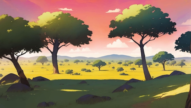 Prachtige Afrikaanse savanne grasland met de hand getekende schilderij illustratie