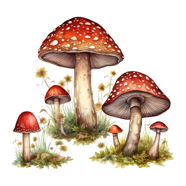 Prachtige aquarel clip art set met handgetekende bos amanita paddenstoel