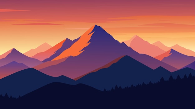 prachtige bergketen onder een levendige kleurrijke hemel bij zonsondergang die de schoonheid en rust van de natuur toontflat vector illustratie
