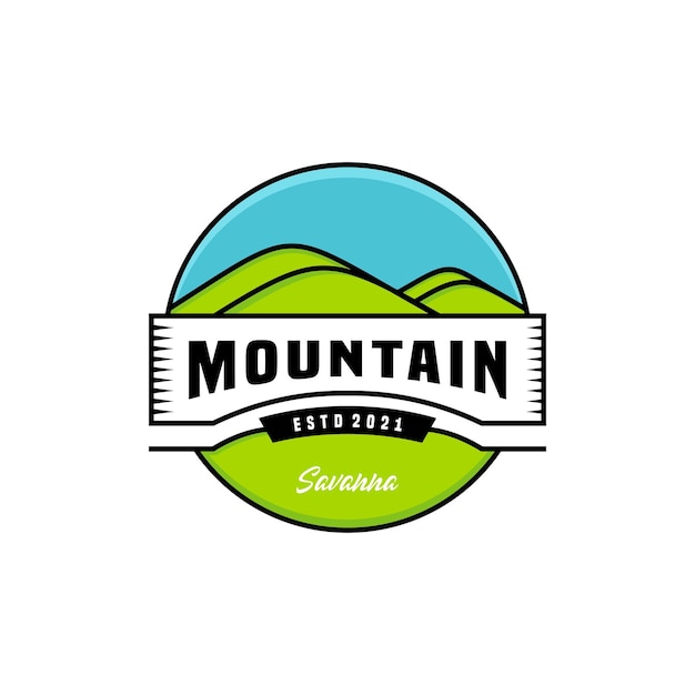 Prachtige berglandschap logo ontwerpsjabloon Natuurlijke berg met groene en brede savanne