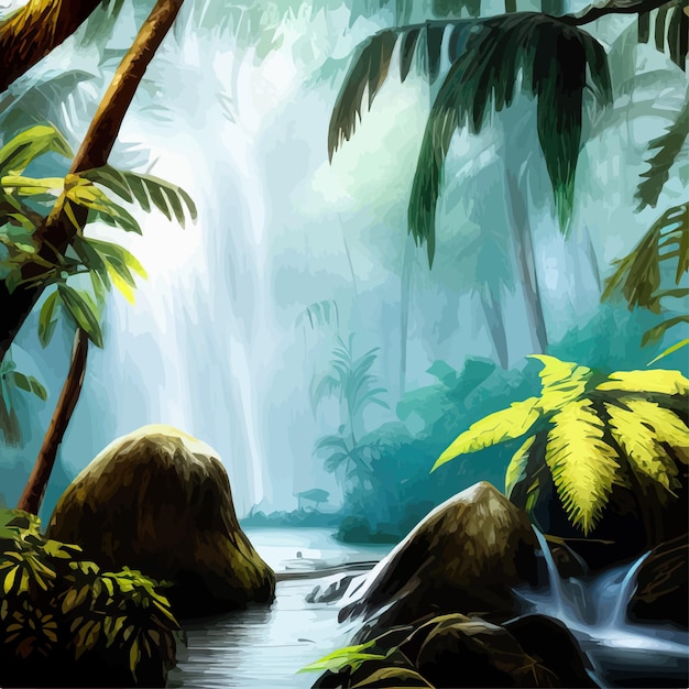 Vector prachtige cartoon bos tropische jungle met wildlife waterval landschap vectorillustratie