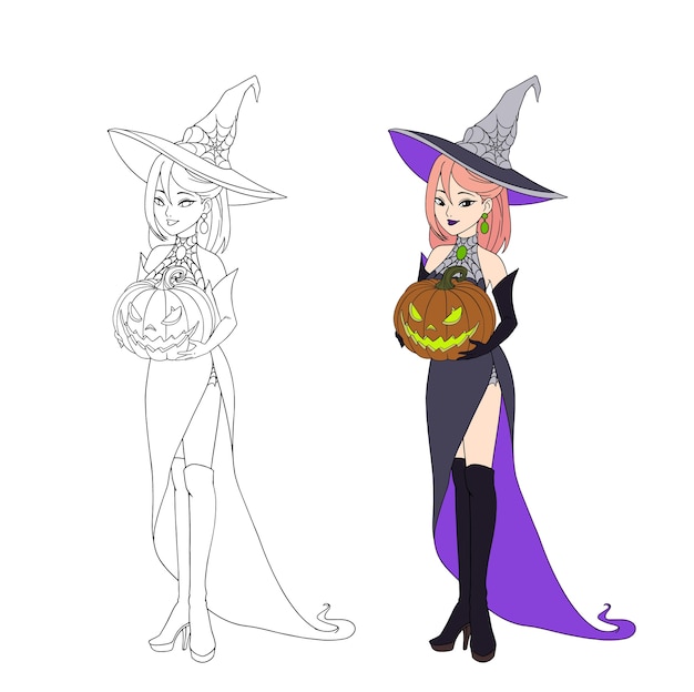 Vector prachtige cartoon heks met halloween pompoen