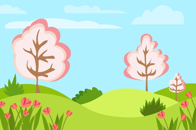 Prachtige lente landschap landschap groene zonnige natuurlijke achtergrond met kopie ruimte voor tekst met planten laat bloemen