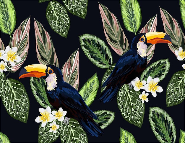 Prachtige tropische vintage hawaiiaanse palmbladeren exotische bloemen toucan hand getrokken