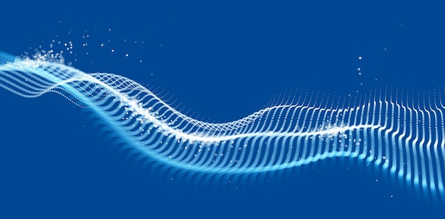Prachtige vector abstracte achtergrond van vliegende deeltjes in beweging, golvende lijnen stromen big data technologie en wetenschapsthema, 3D dots array stroomt in beweging, nanotechnologie.