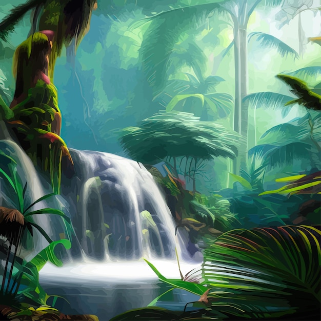 Vector prachtige waterval in diep regenwoud zoals de hemeljungle met natuurwatervallandschapsvector
