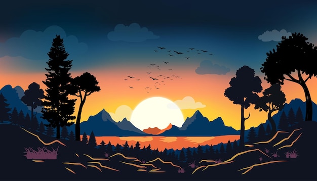 Prachtige zonsondergangen en bewolkte luchten berg boslandschap vectorillustratie