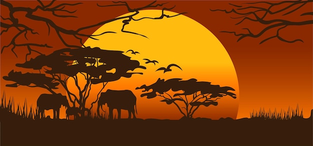 Prachtige zonsondergangsafariscène met olifantensilhouet