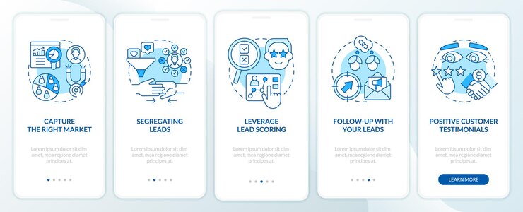 Vector practices of lead conversion blue onboarding mobile app screen