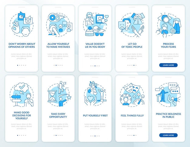 Practicing self love and care blue onboarding mobile app screen set