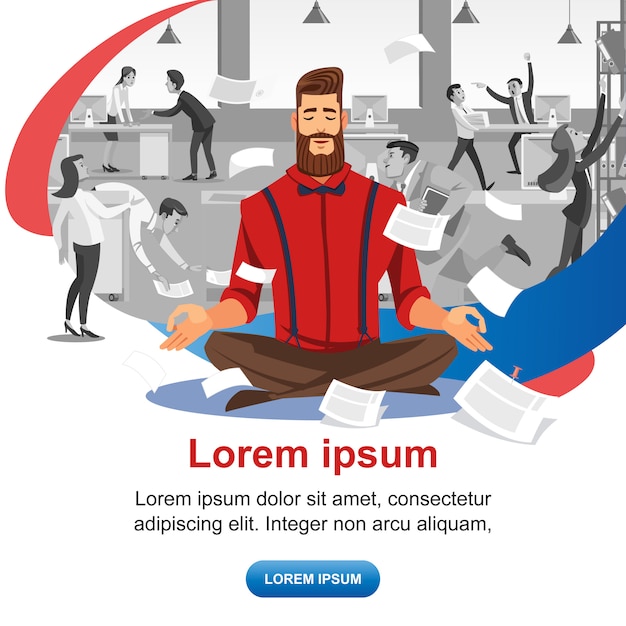 Practicing yoga at workplace vector web banner