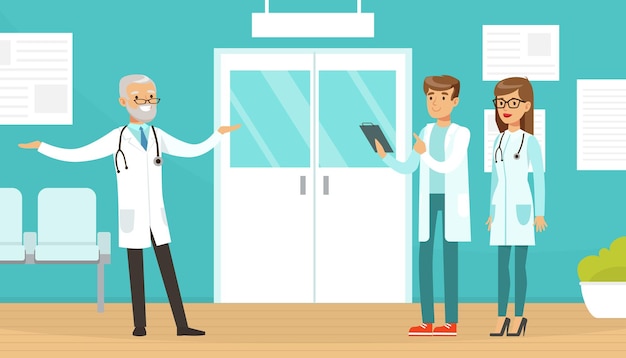 practitioner doctors standing in medical clinic hospital professional medical characters vector illustration