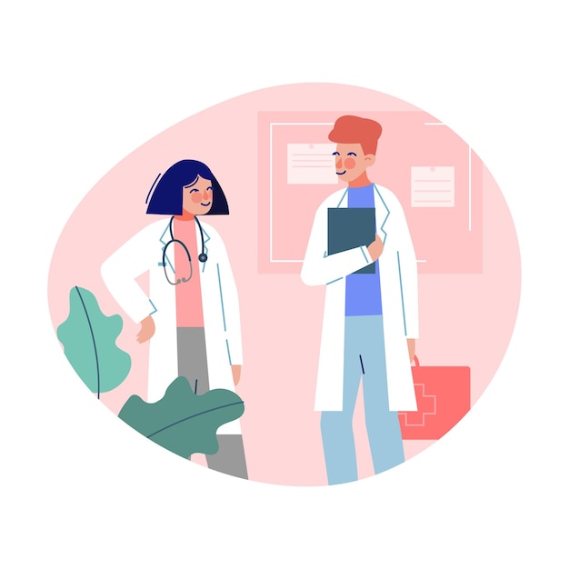 Practitioner doctors standing together and talking in medical office medical staff vector