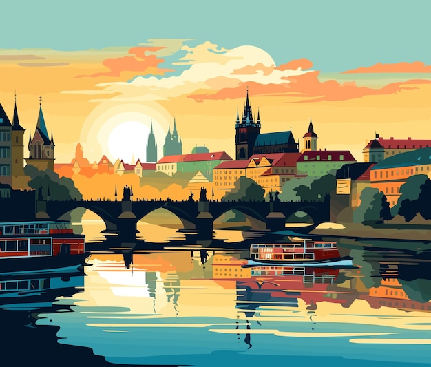 Vettore illustrazione del tramonto del paesaggio urbano di praga