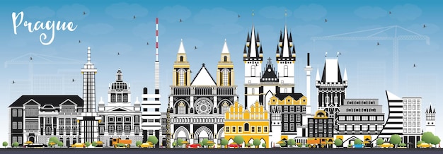 Vettore praga repubblica ceca dello skyline della città con edifici di colore e cielo blu. illustrazione