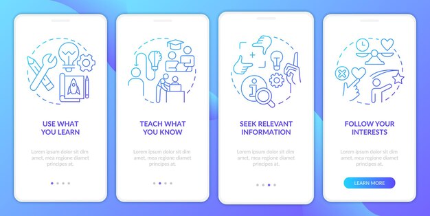 Praktische leertechnieken blauwe gradiënt onboarding mobiele app-scherm