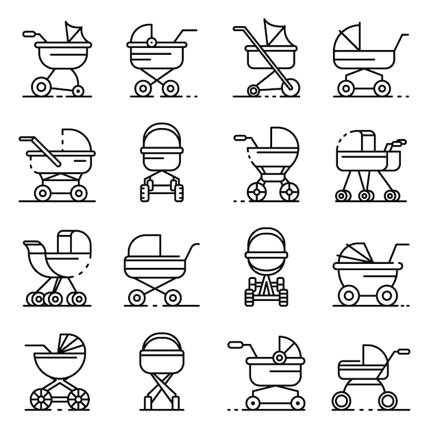 Pram icons set. Outline set of pram vector icons