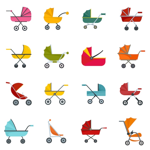 Pram stroller carriage icons set