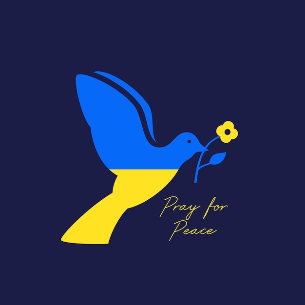 Vector pray for peace illustration ukrainian flag in a dove bird peace symbol sign badge label tmplate pray for ukraine help stop war apparel print emblem social media sticker isolated