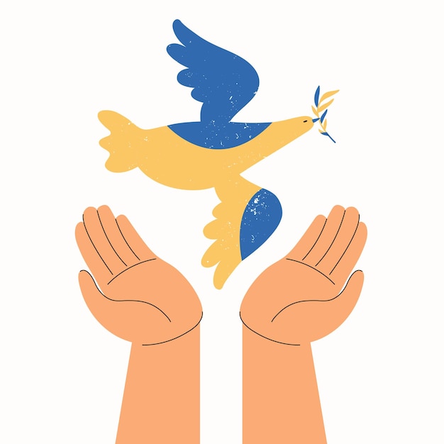 Vector pray for peace ukraine dove with an olive branch world peace bird flying out of the hands