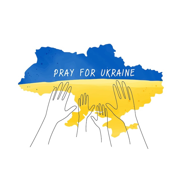 Pray for peace Ukraine flat art map on white background Hands holding the flag of Ukraine.