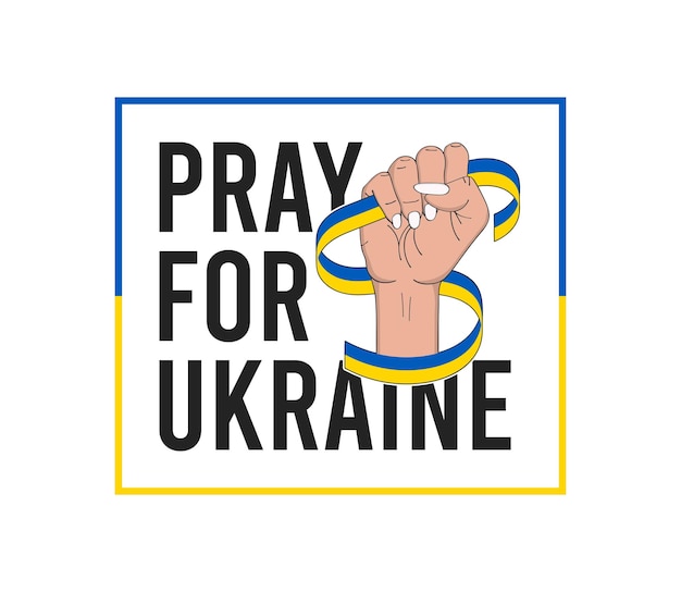 Vector pray for ukraine raised female fist holding ribbon in national ukrainian flag colors