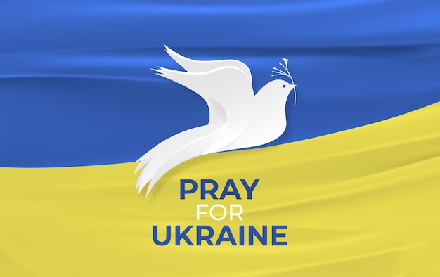 Vector pray for ukraine realistic ukrainian flag with flying peace dove