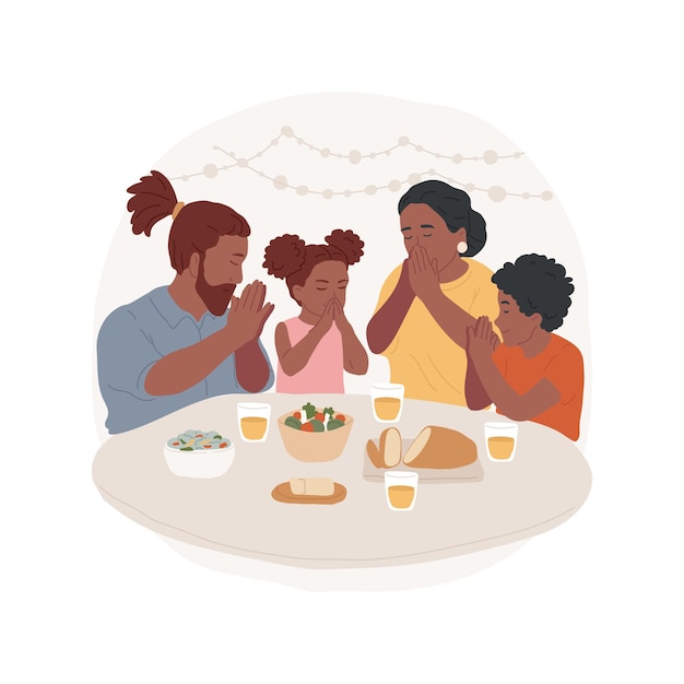 Vector prayer before meal isolated cartoon vector illustration