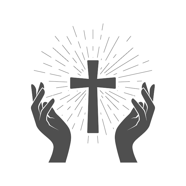 Prayer symbol shining Crucifix and hands of believer holy cross worship vector