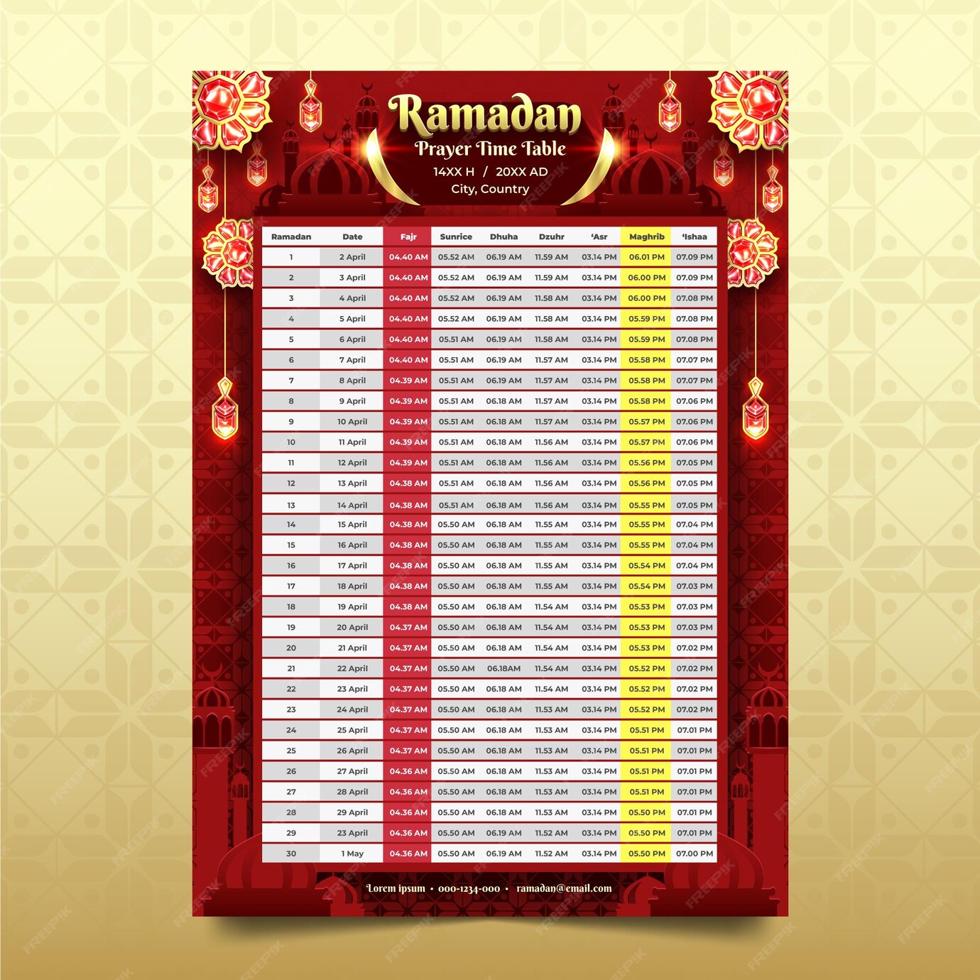 Premium Vector Prayer time table template in ramadan with red and