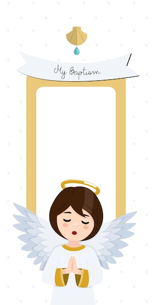 Praying angel. baptism vertical invitation with message. flat vector illustration